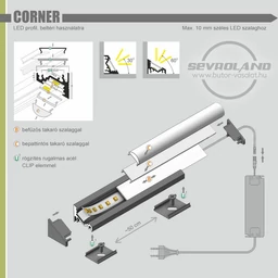 LED szalag tartó 30-60° ferde aluprofil "CORNER" ezüst