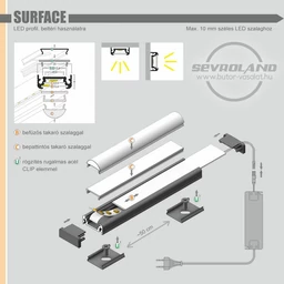 LED szalag tartó egyenes aluprofil "SURFACE" ezüst