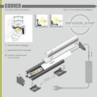 LED szalag tartó 30-60° ferde aluprofil "CORNER" ezüst