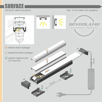 LED szalag tartó egyenes aluprofil "SURFACE" ezüst
