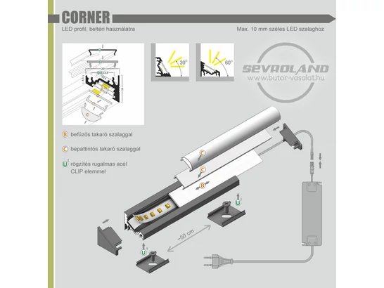LED szalag tartó 30-60° ferde aluprofil 